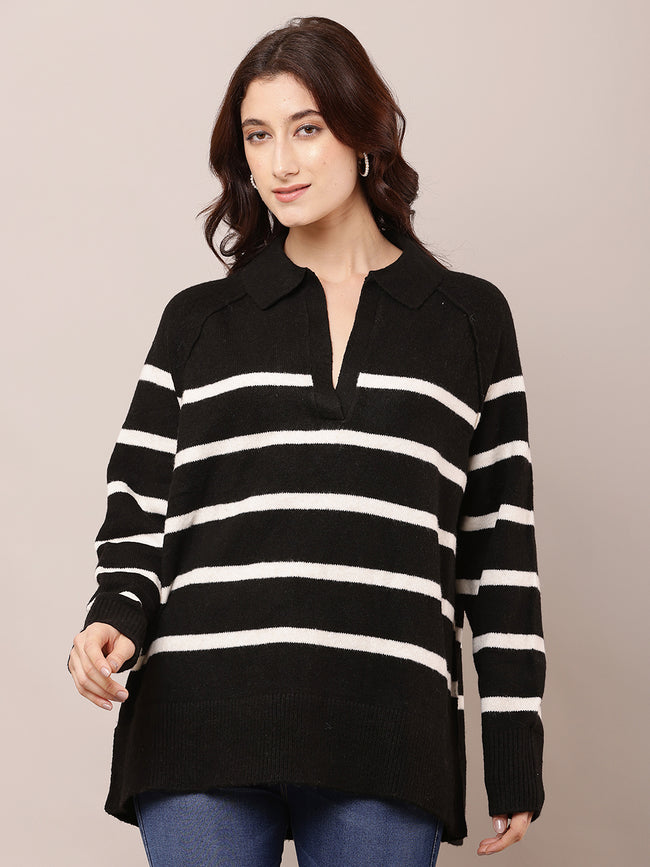 Women Striped Black V-Neck Baggy Sweater