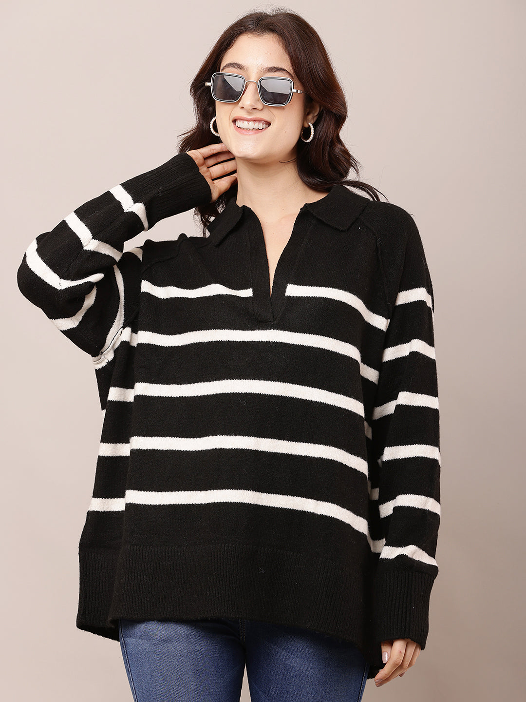 Women Striped Black V-Neck Baggy Sweater