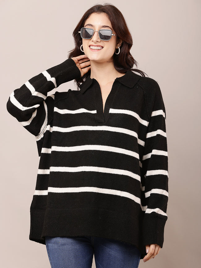 Women Striped Black V-Neck Baggy Sweater
