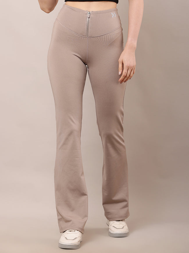 Women Light Brown High-Waist Zipper Trousers