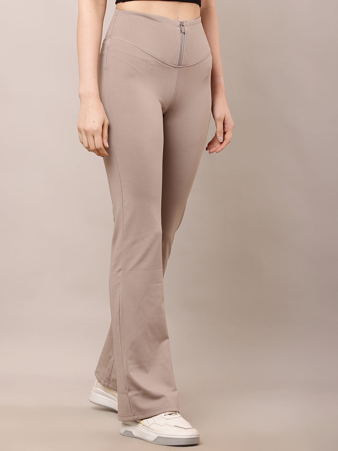 Women Light Brown High-Waist Zipper Trousers
