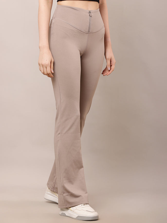 Women Light Brown High-Waist Zipper Trousers