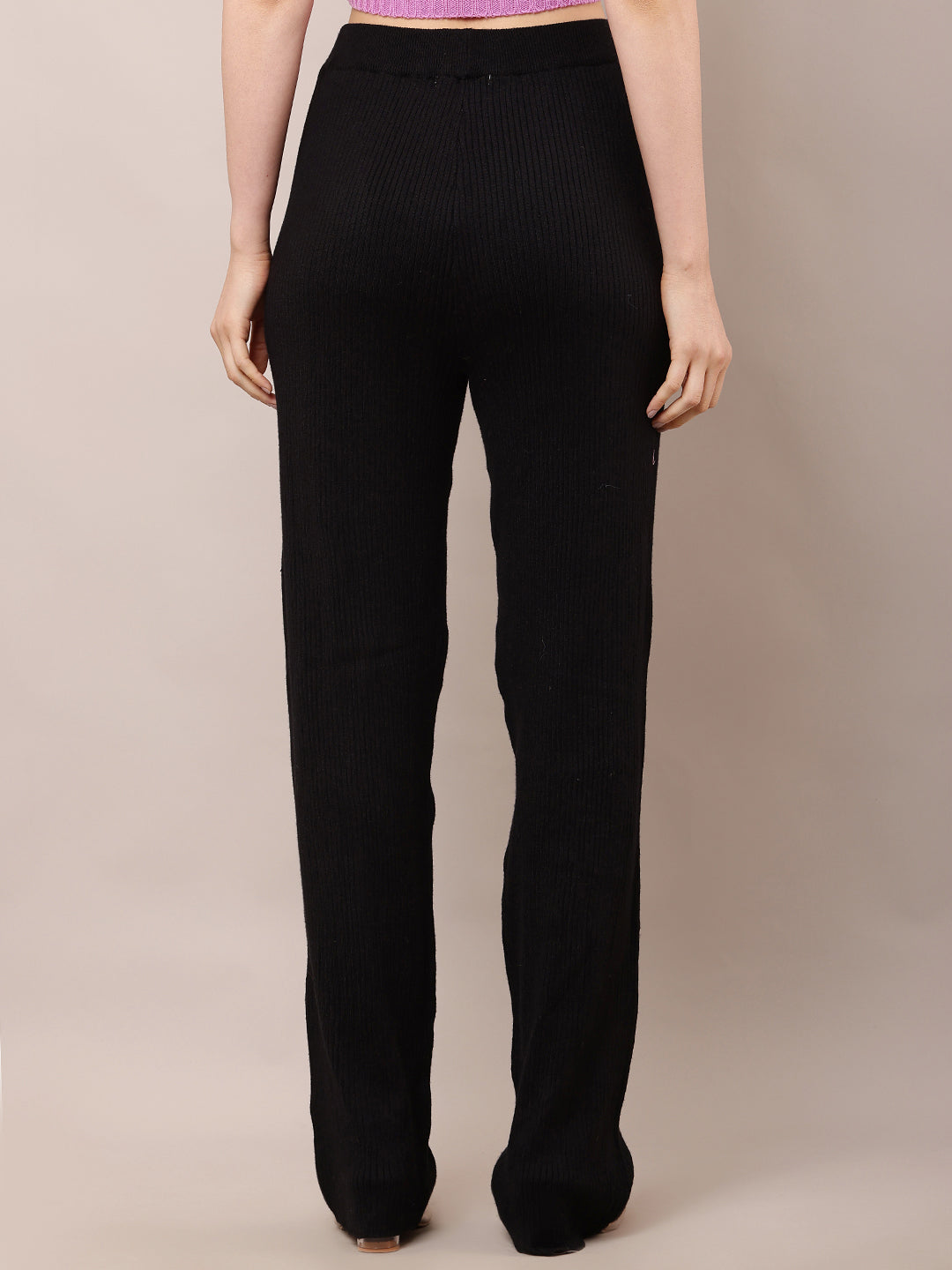 Women High-Rise Black Ribbed Acrylic Winter Trousers