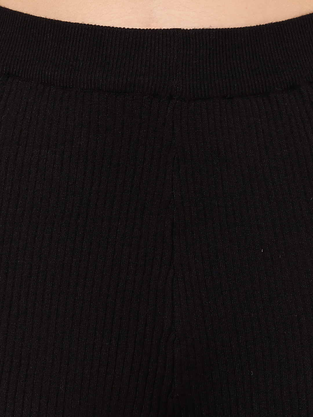 Women High-Rise Black Ribbed Acrylic Winter Trousers