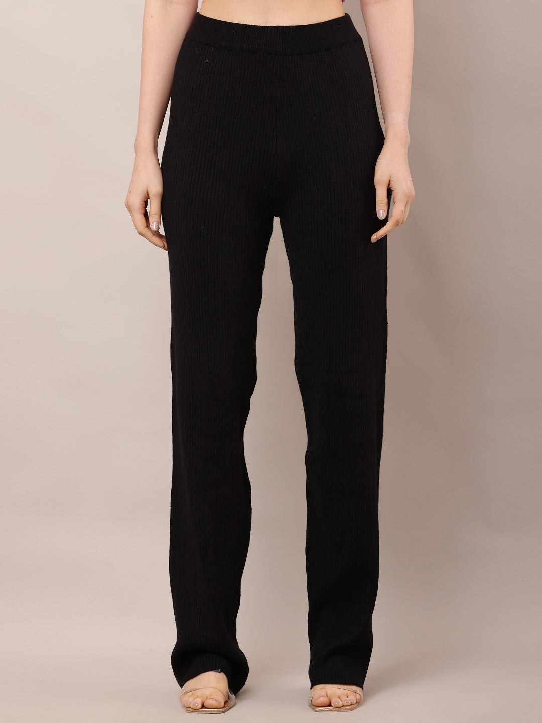 Women High-Rise Black Ribbed Acrylic Winter Trousers