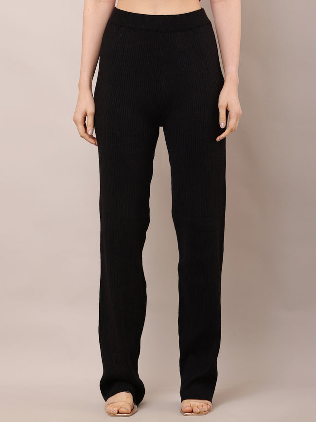 Women High-Rise Black Ribbed Acrylic Winter Trousers