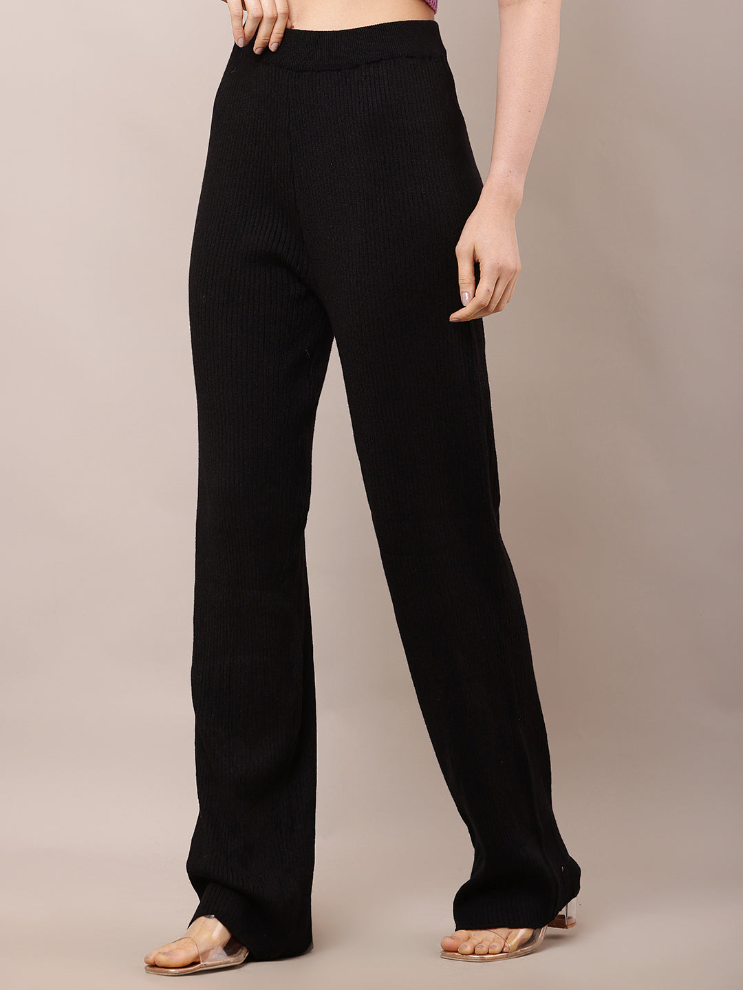 Women High-Rise Black Ribbed Acrylic Winter Trousers