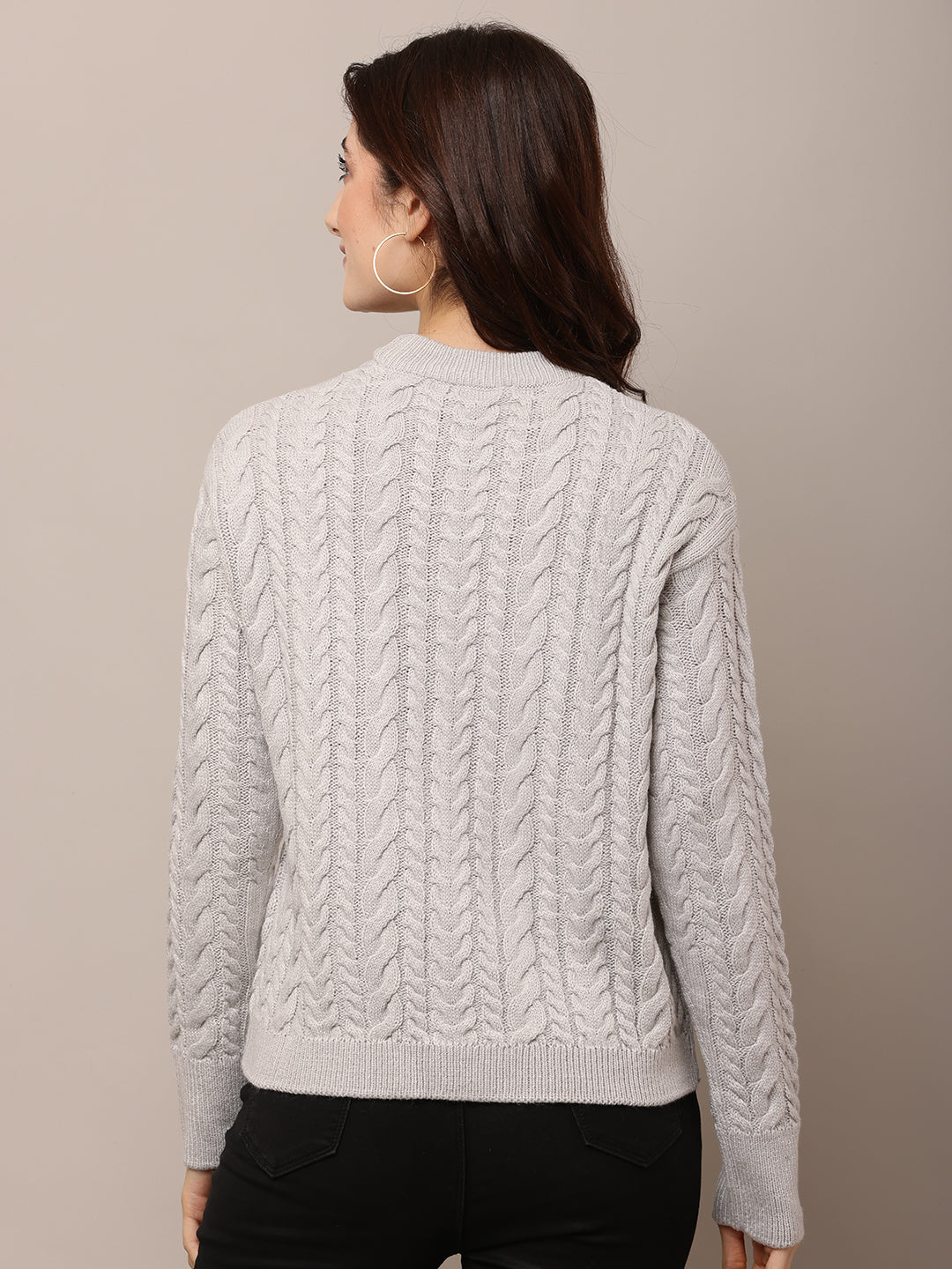 Women Grey Cable Knit Acrylic Sweater