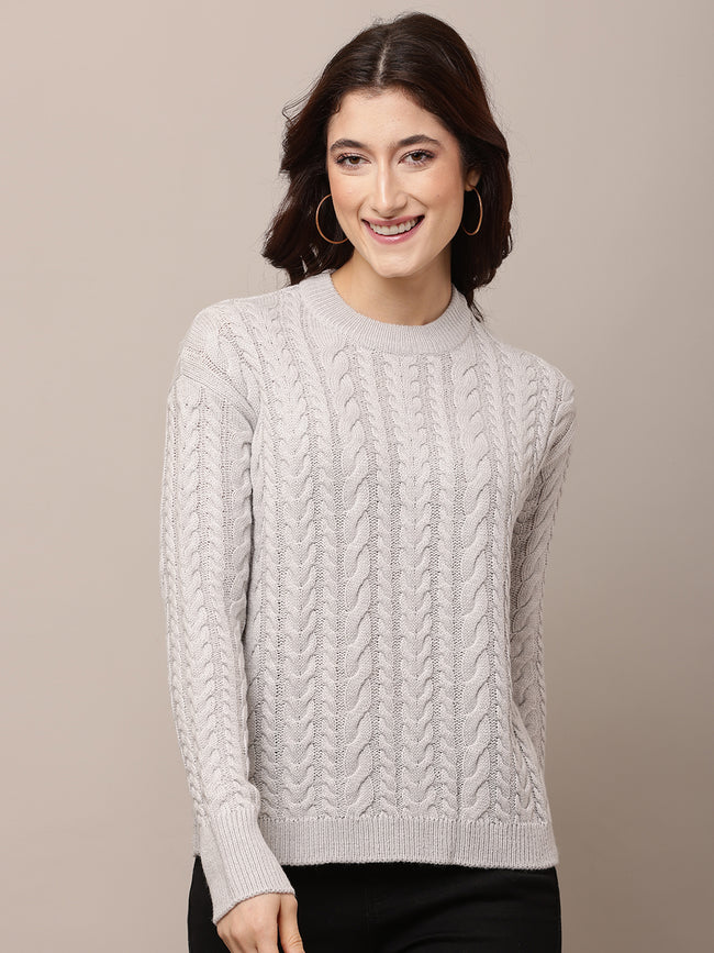 Women Grey Cable Knit Acrylic Sweater
