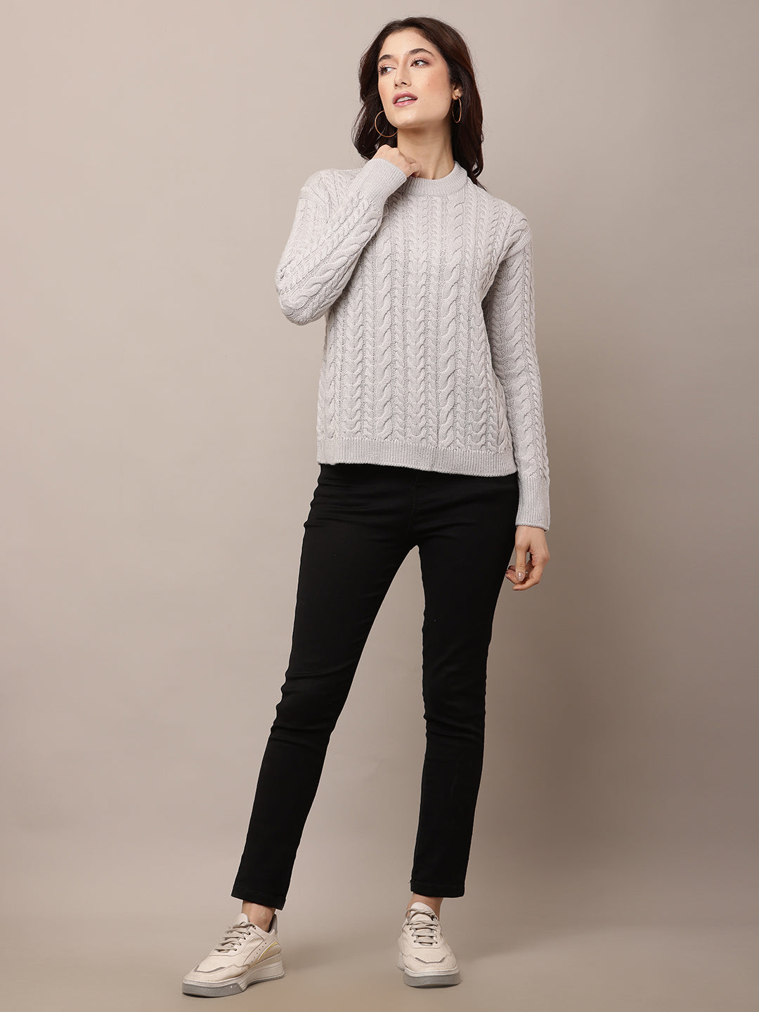 Women Grey Cable Knit Acrylic Sweater
