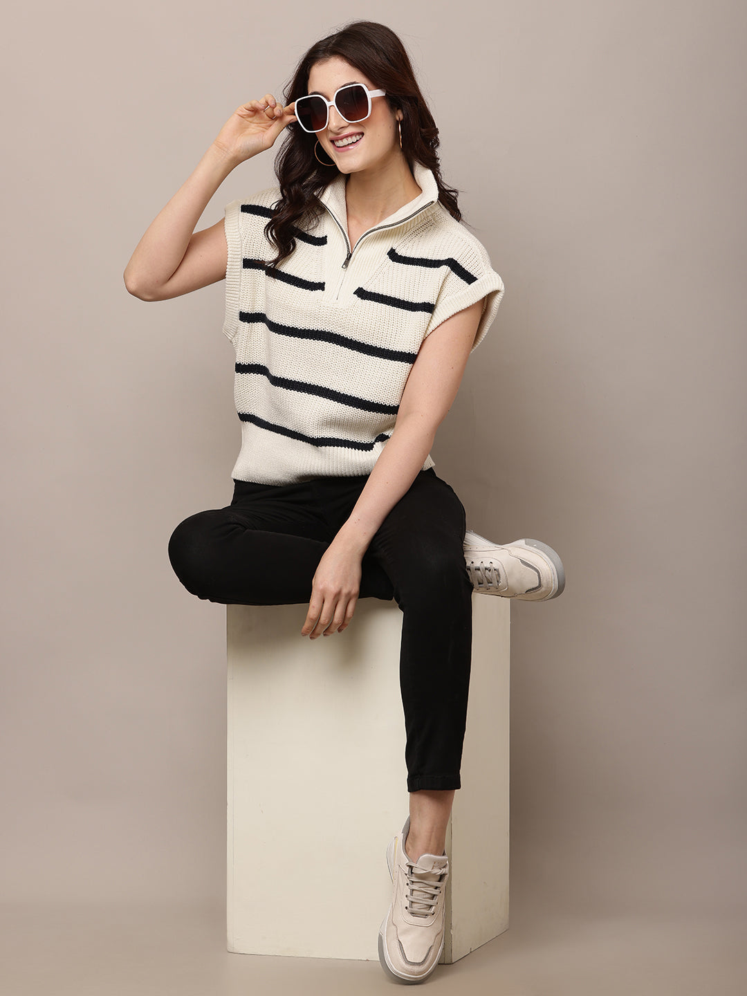 Women Cream Striped Sleeveless Knit Sweater