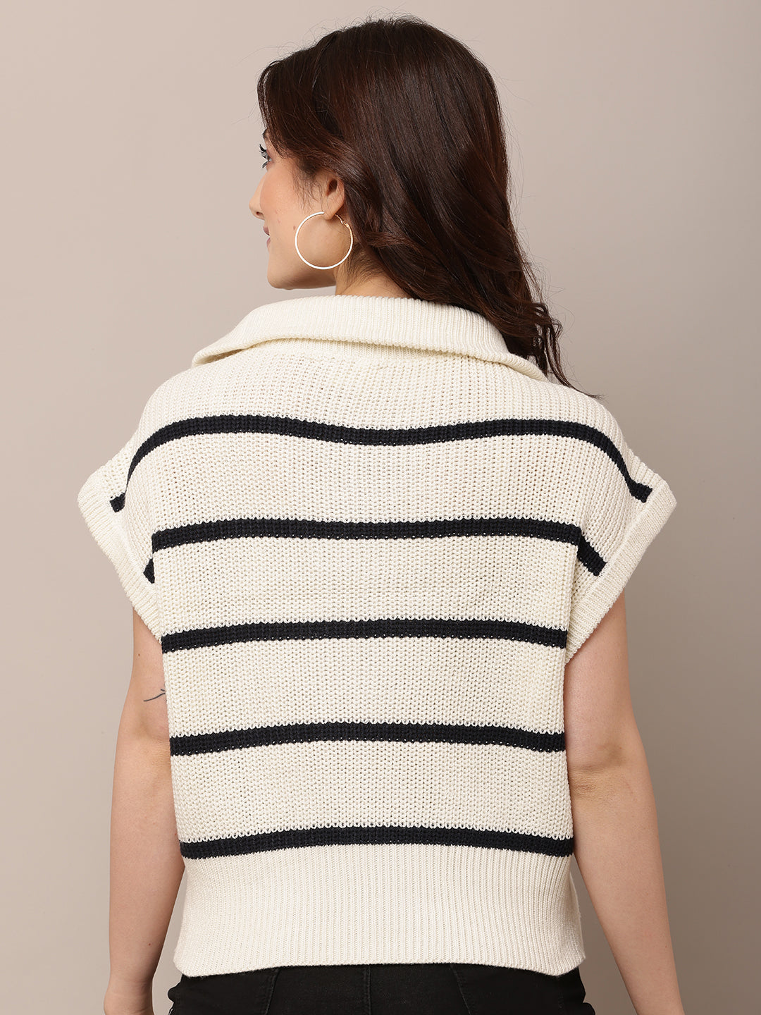 Women Cream Striped Sleeveless Knit Sweater