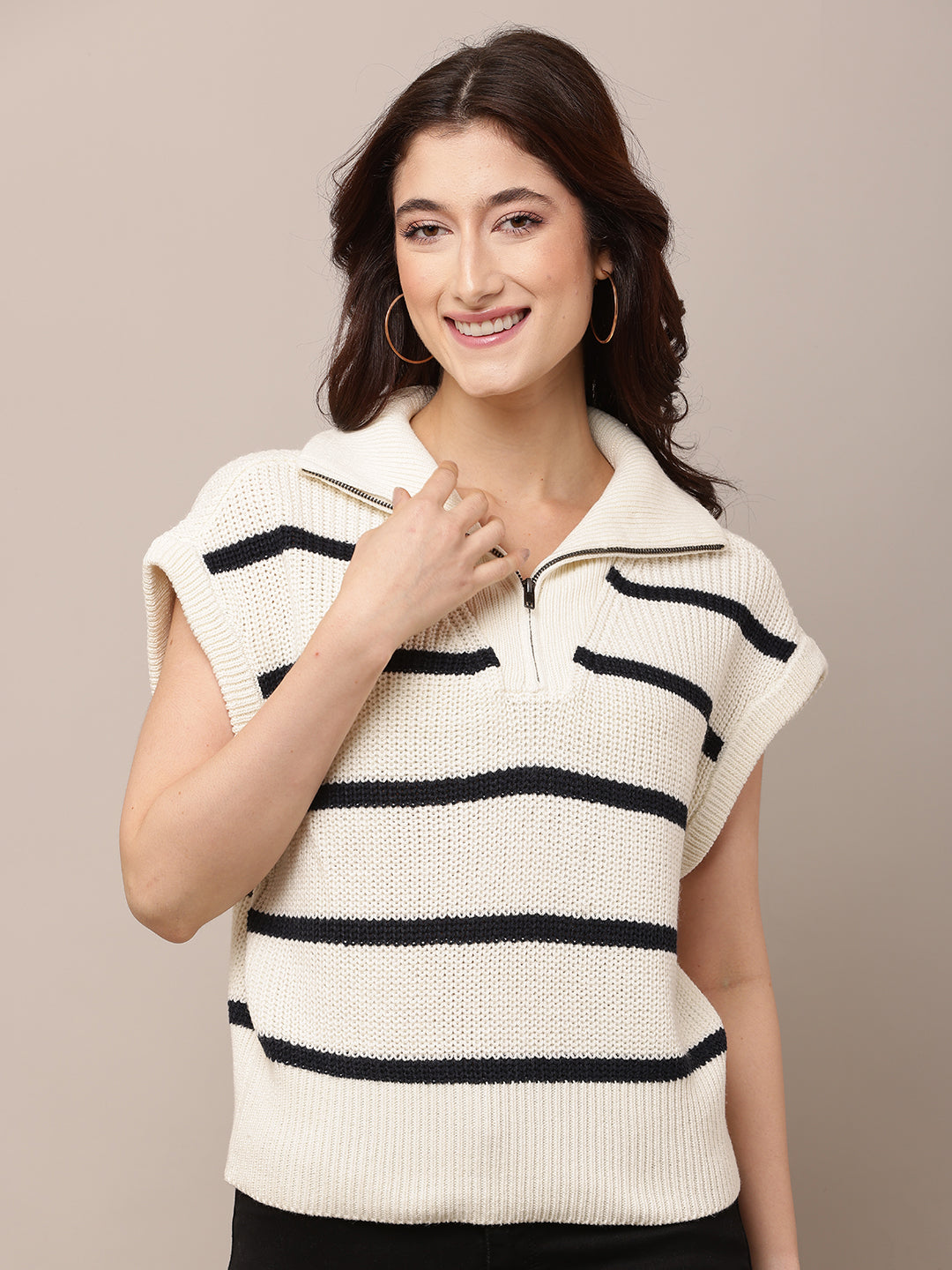 Women Cream Striped Sleeveless Knit Sweater