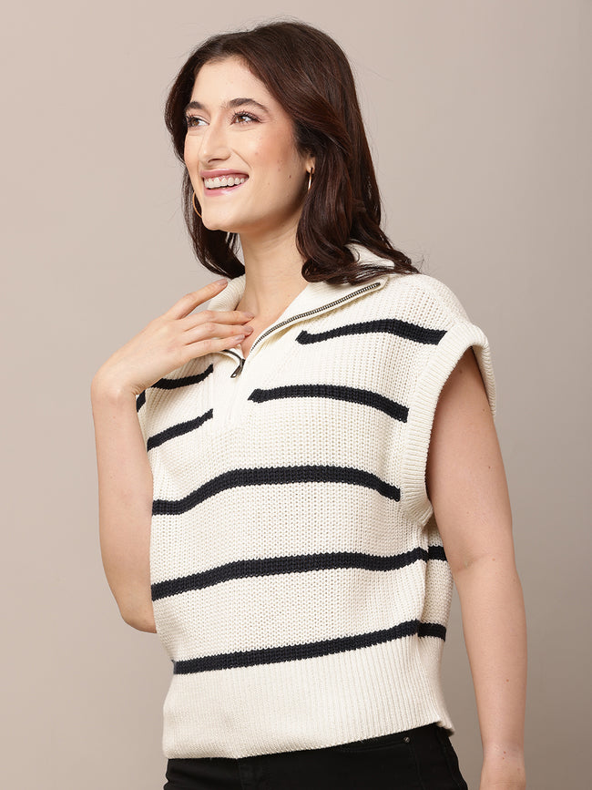Women Cream Striped Sleeveless Knit Sweater