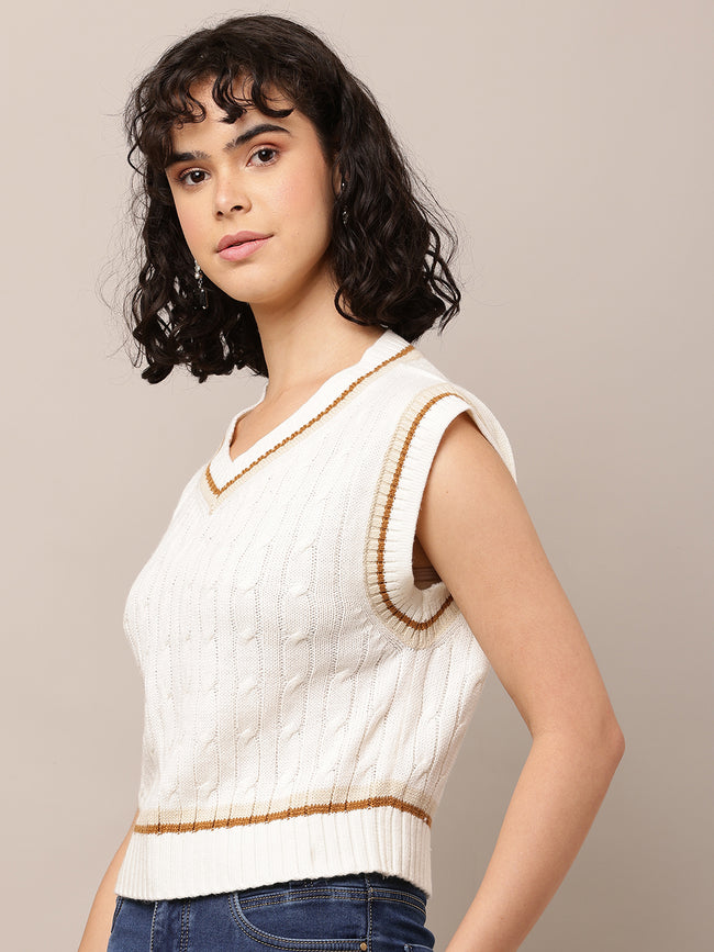 Women White Cable Knit Sleeveless Vest