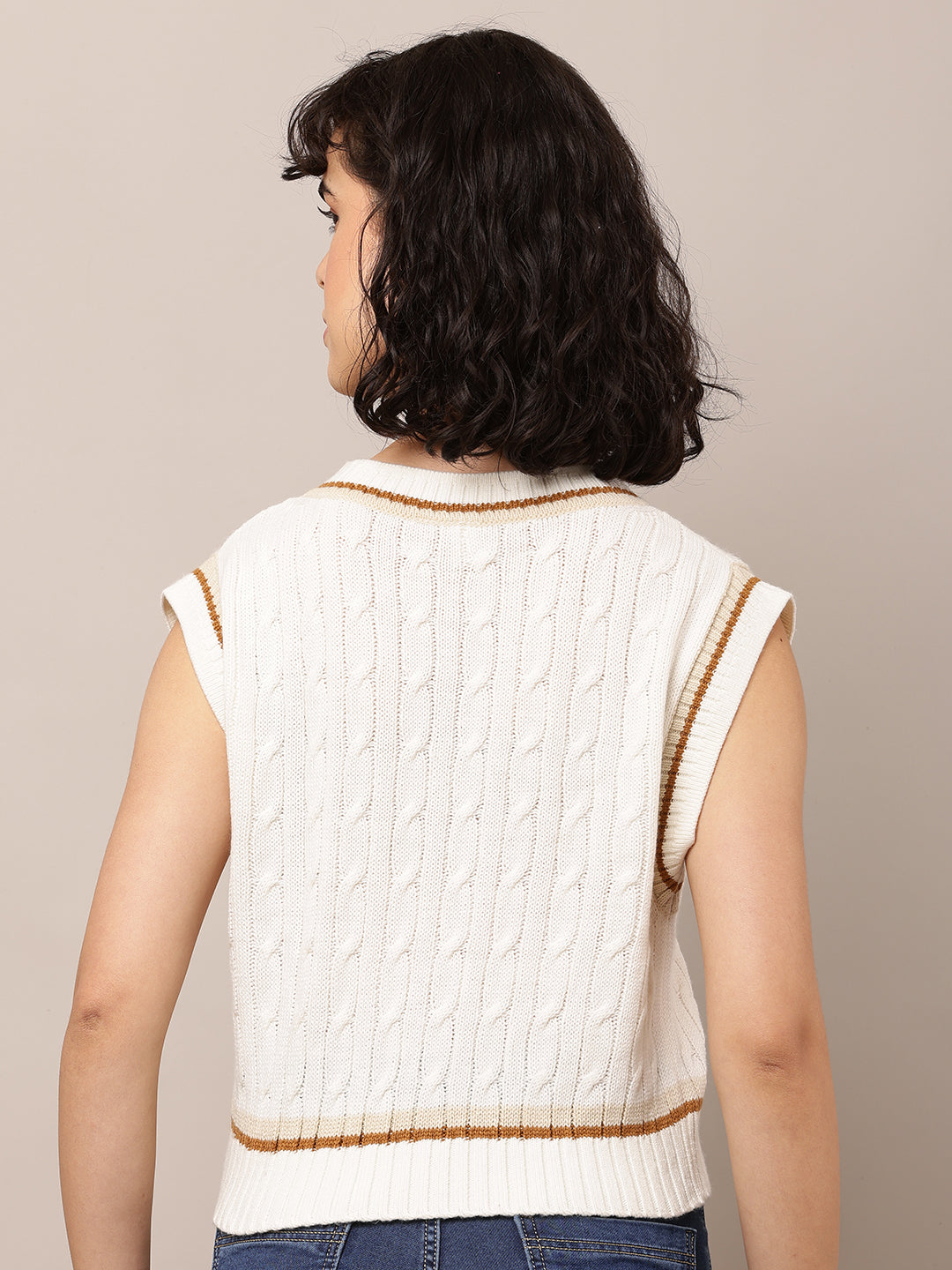Women White Cable Knit Sleeveless Vest