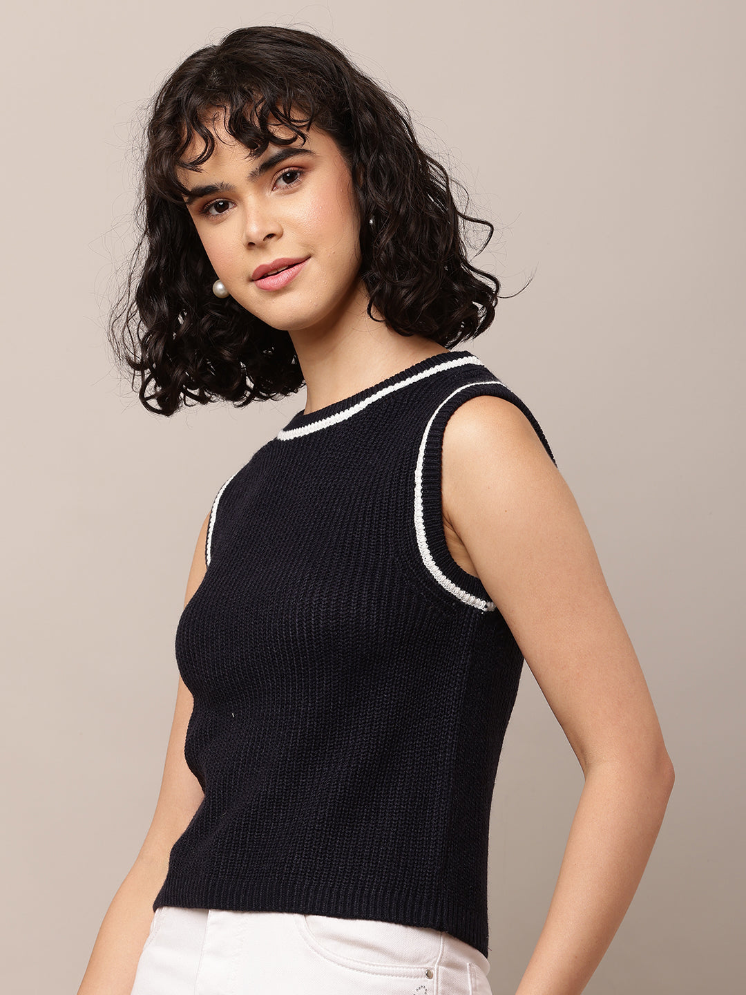 Women Dark Blue Round Neck Sleeveless Vest