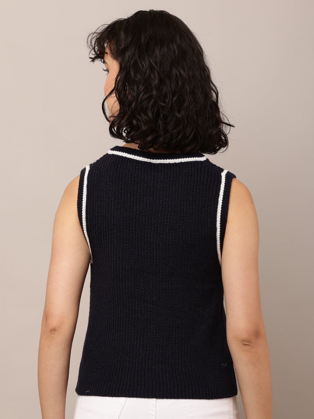 Women Dark Blue Round Neck Sleeveless Vest