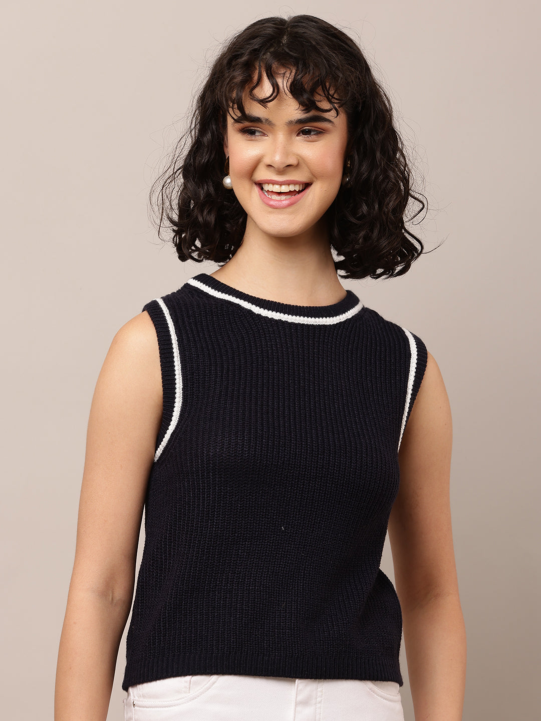 Women Dark Blue Round Neck Sleeveless Vest