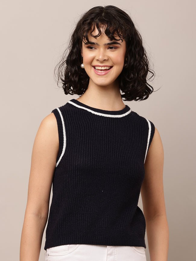 Women Dark Blue Round Neck Sleeveless Vest