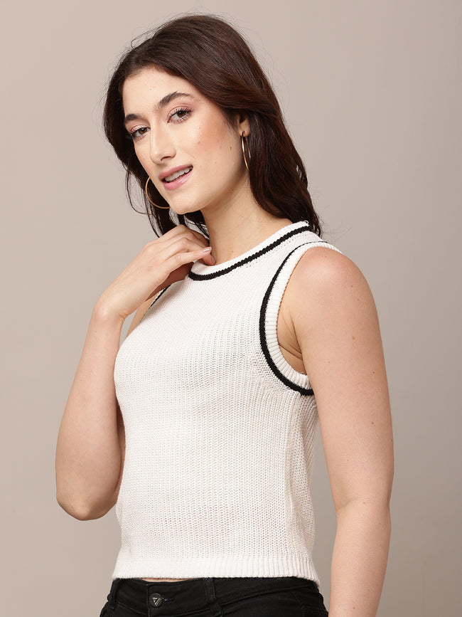 Women White Round Neck Sleeveless Vest