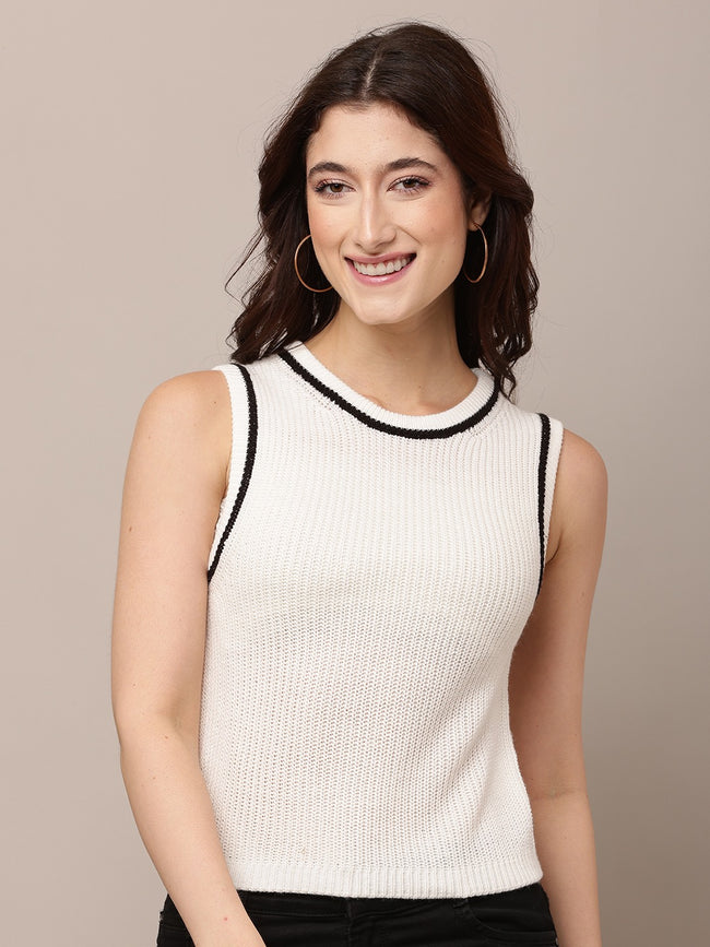 Women White Round Neck Sleeveless Vest