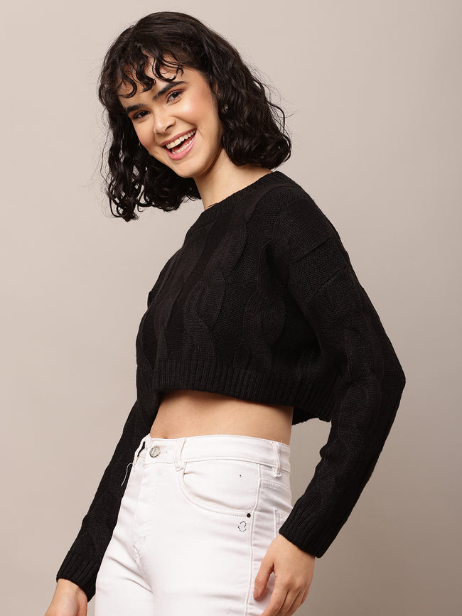 Women Black Crop Sweater with Round Neck