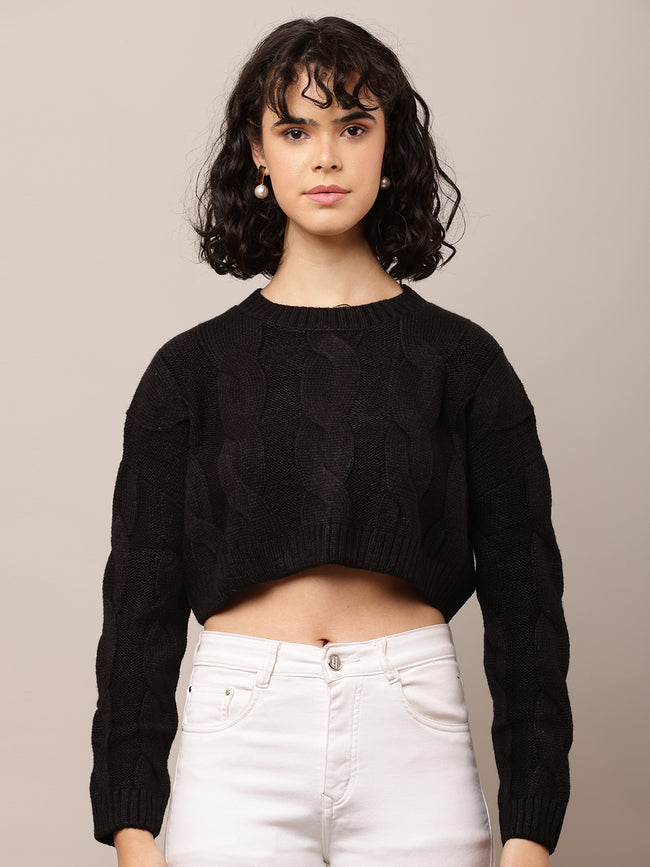 Women Black Crop Sweater with Round Neck