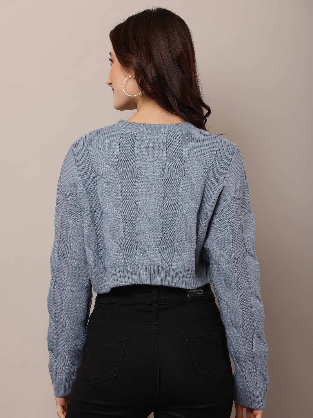 Women Blue Crop Sweater with Round Neck