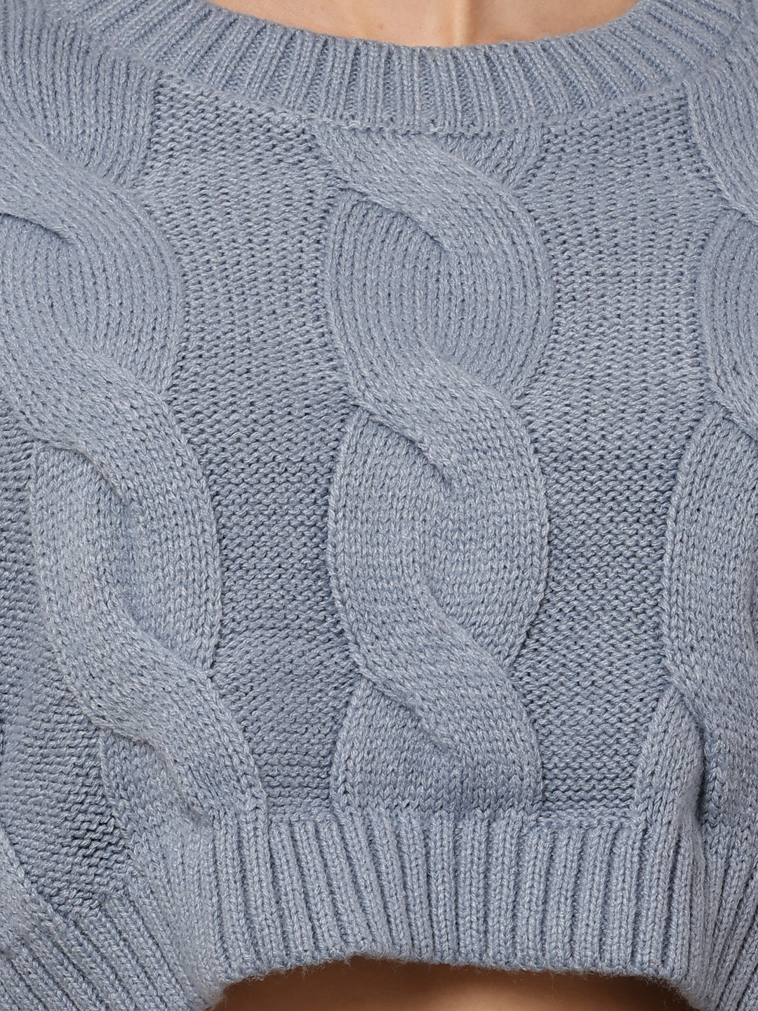 Women Blue Crop Sweater with Round Neck