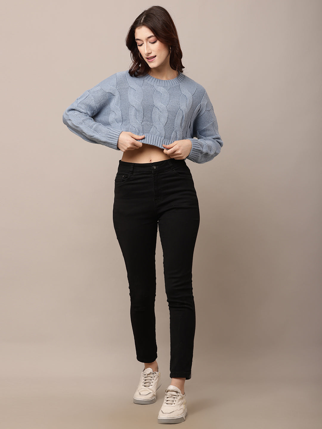 Women Blue Crop Sweater with Round Neck