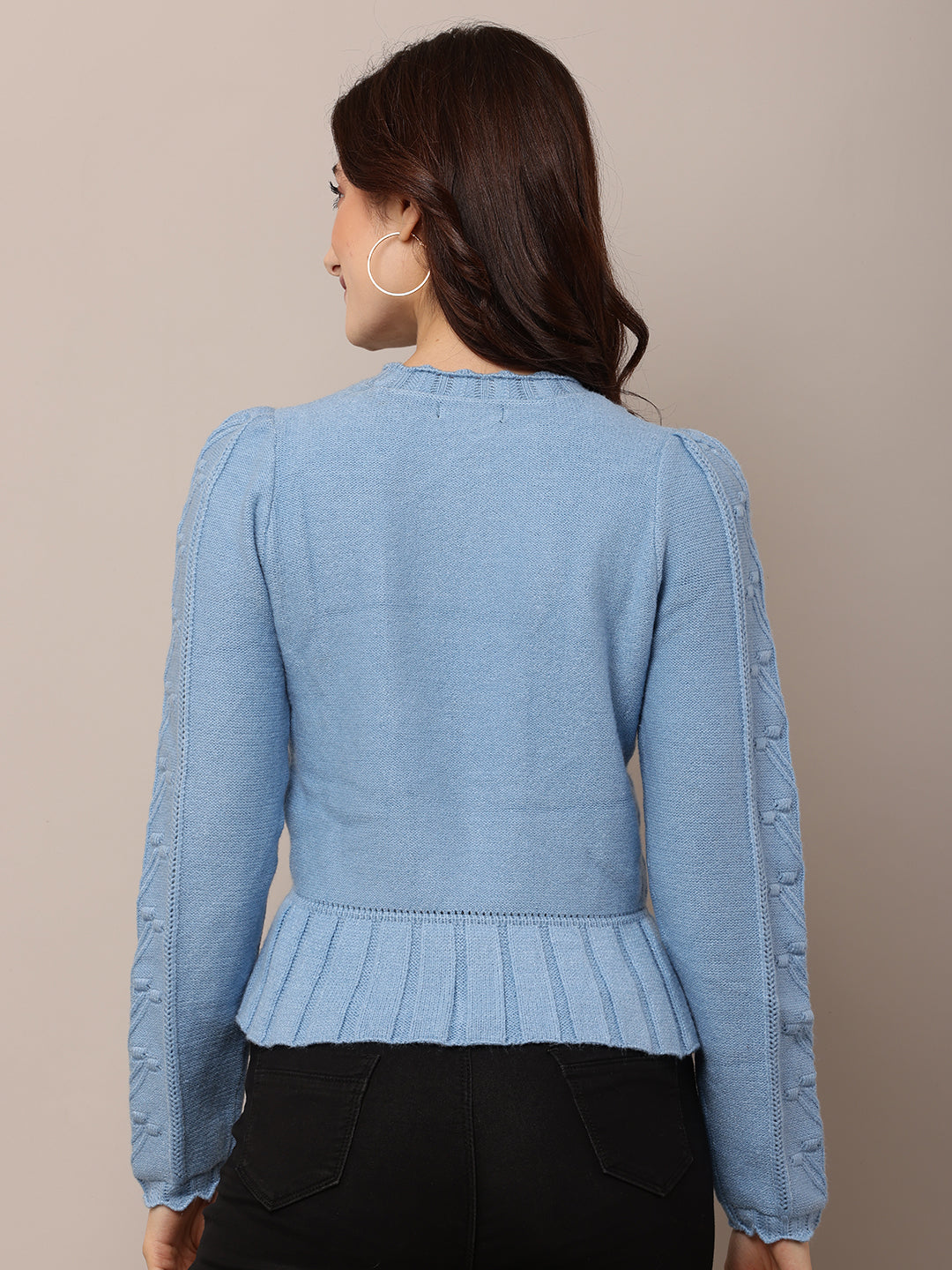 Women Stretchable Blue Round Neck Sweater