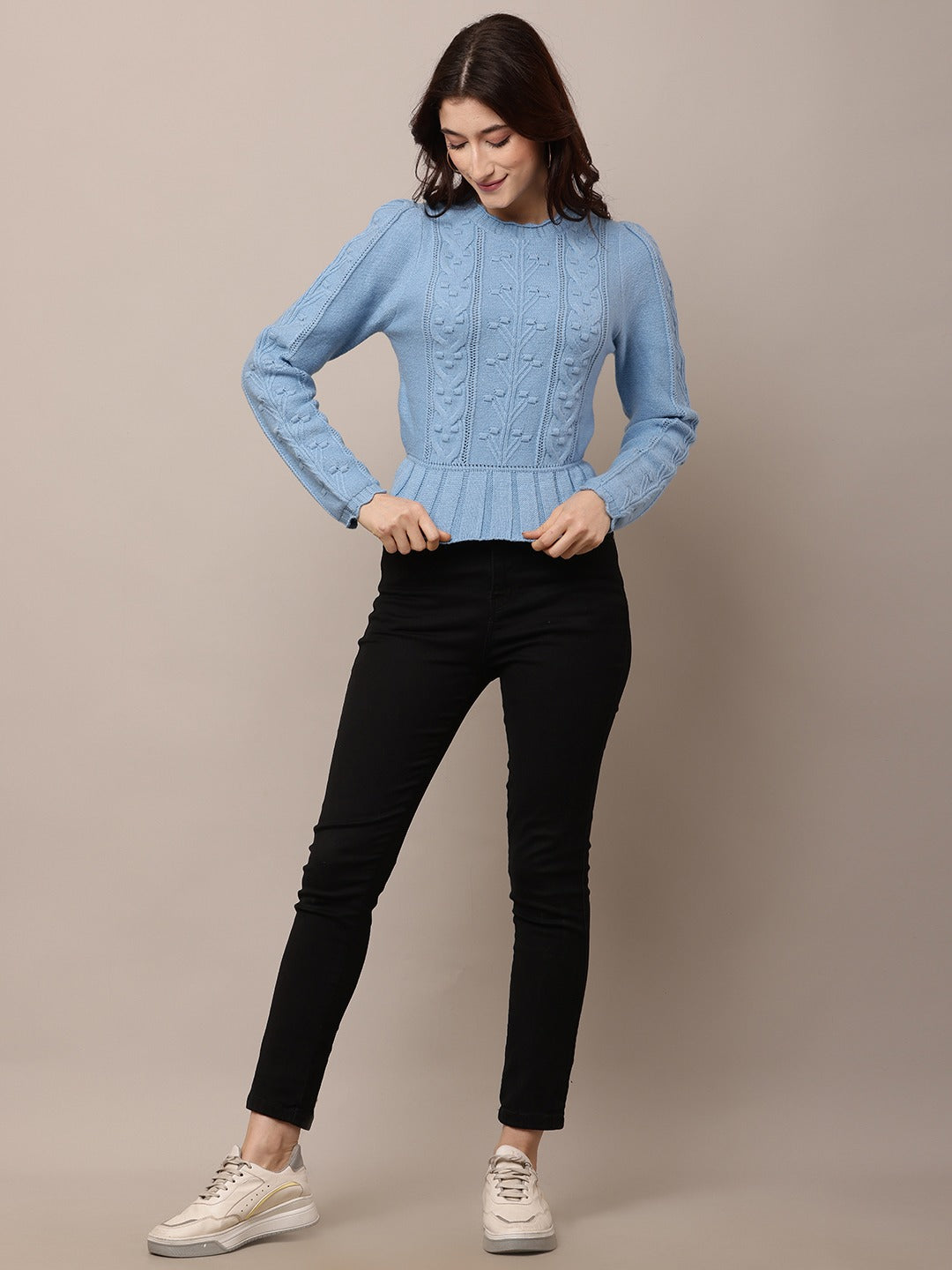 Women Stretchable Blue Round Neck Sweater