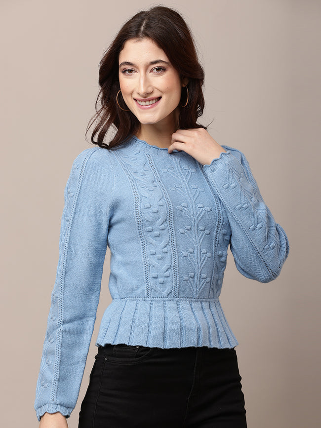 Women Stretchable Blue Round Neck Sweater