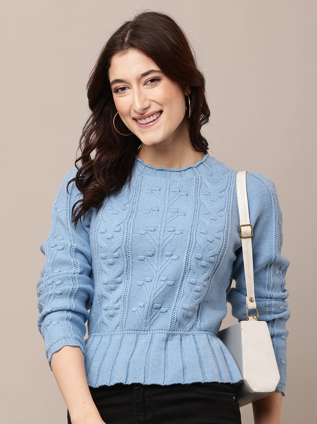 Women Stretchable Blue Round Neck Sweater