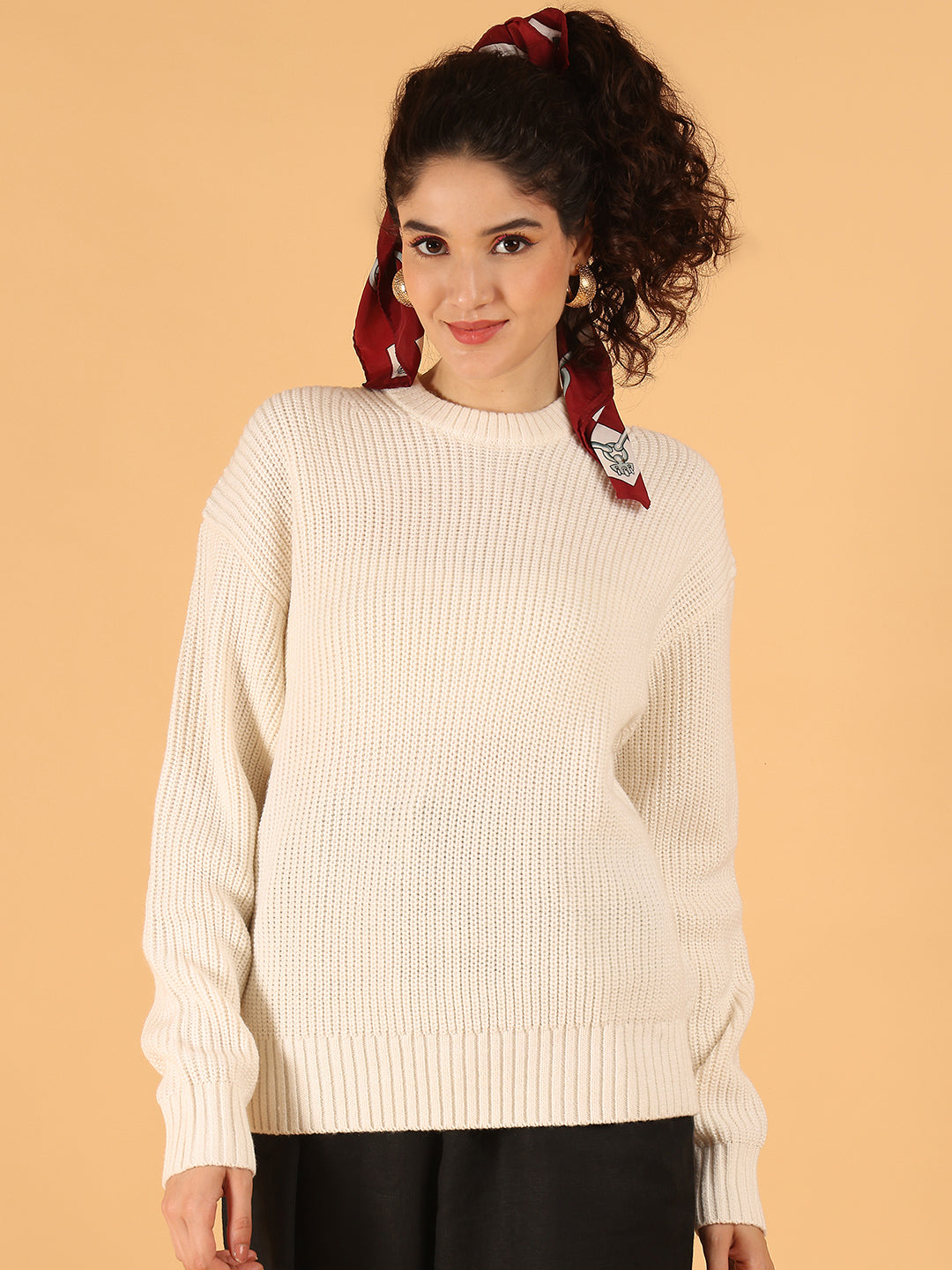 Women Off-White Ribbed Baggy Knit Sweater