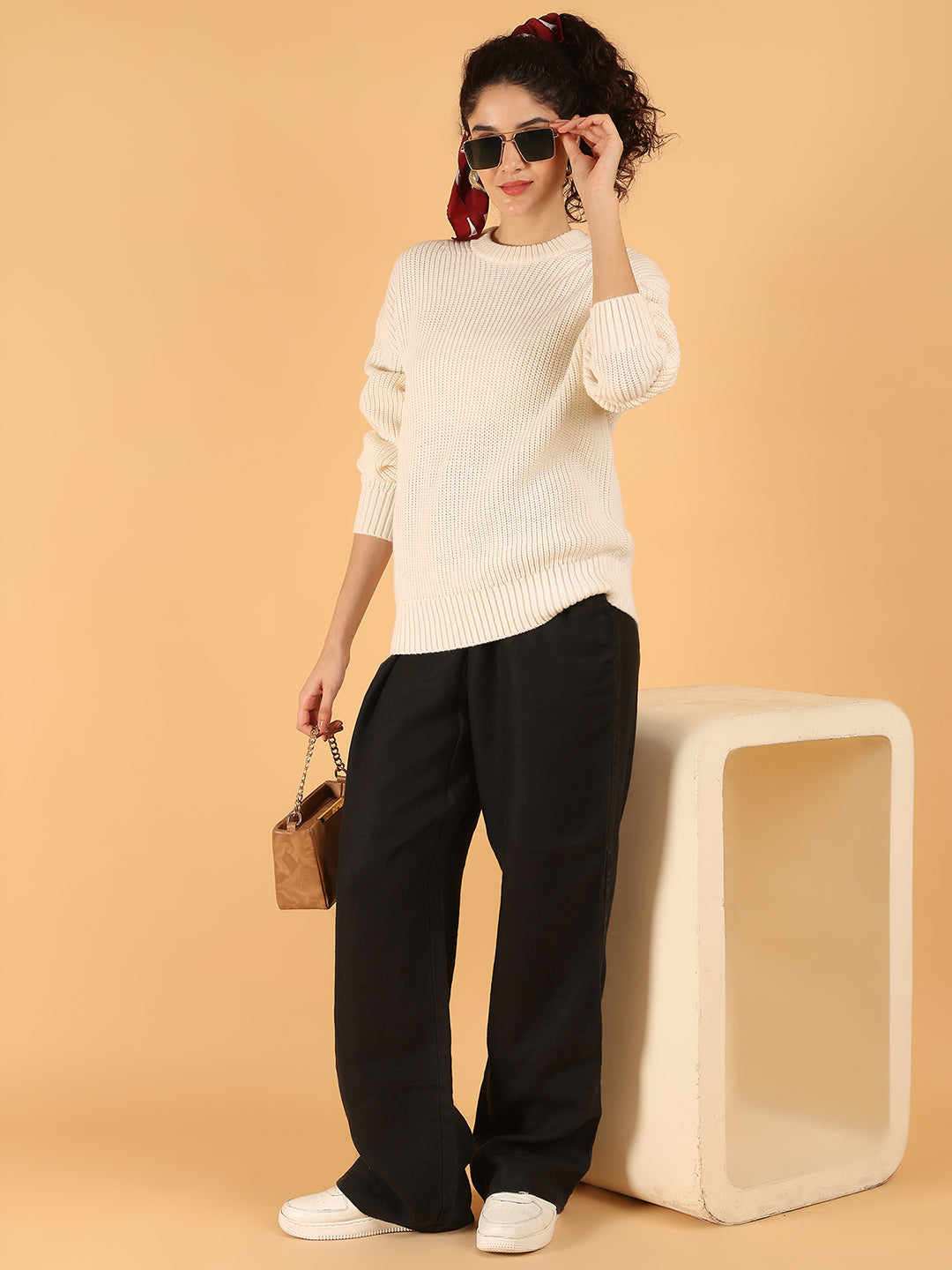 Women Off-White Ribbed Baggy Knit Sweater
