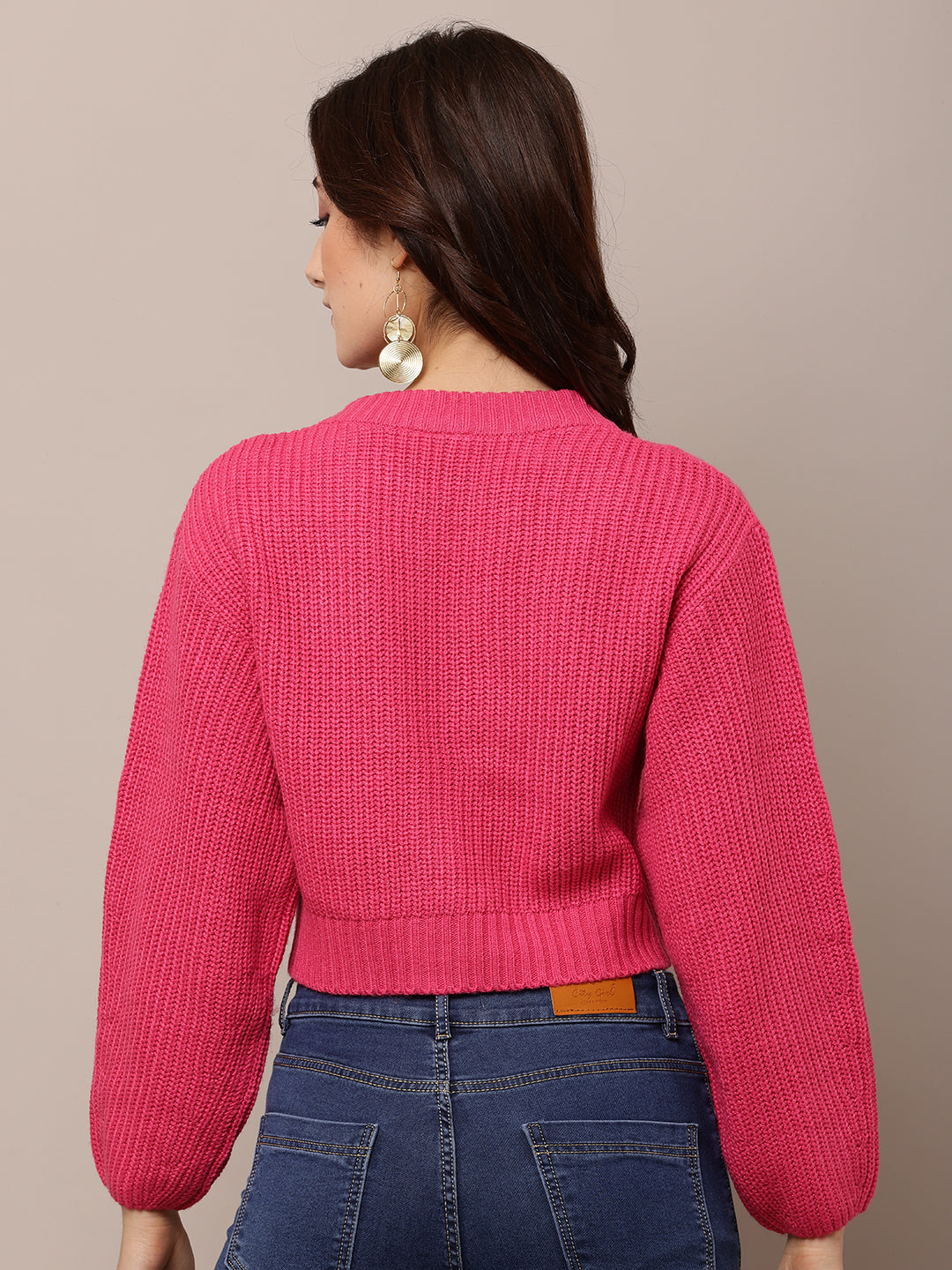 Women Pink V-Neck Full Sleeve Cardigan