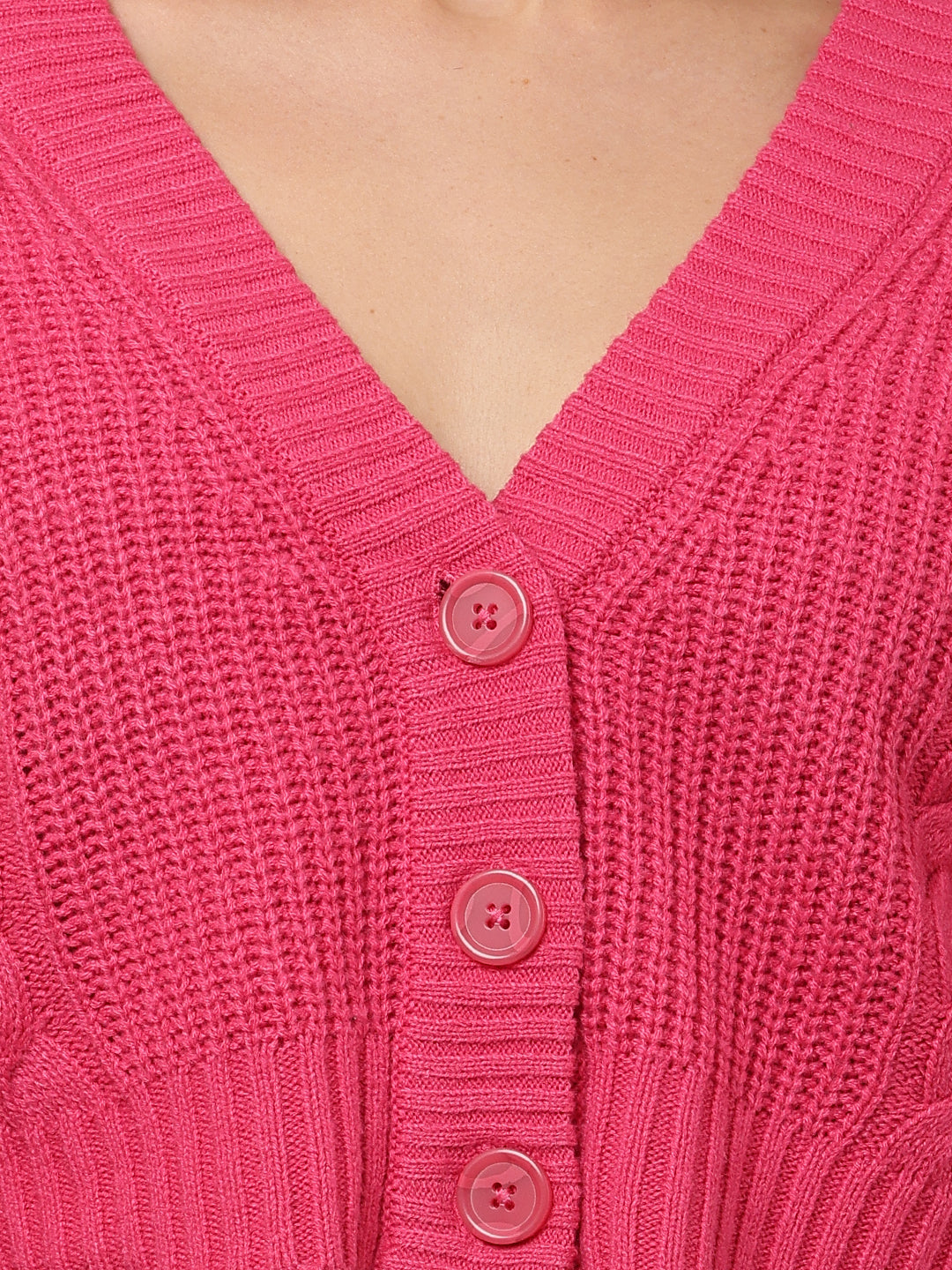 Women Pink V-Neck Full Sleeve Cardigan