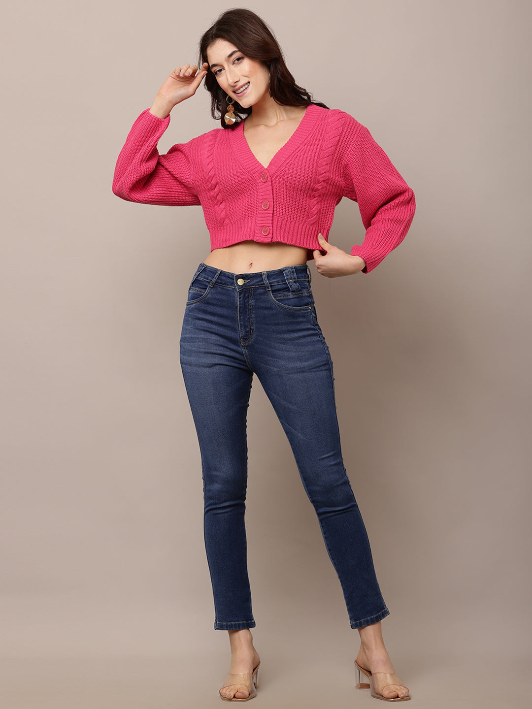 Women Pink V-Neck Full Sleeve Cardigan