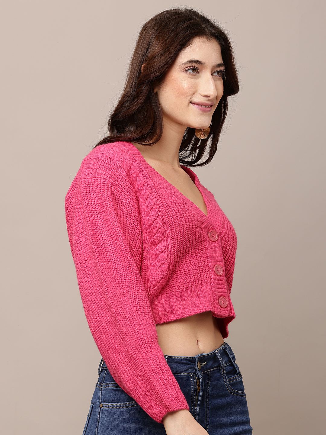 Women Pink V-Neck Full Sleeve Cardigan
