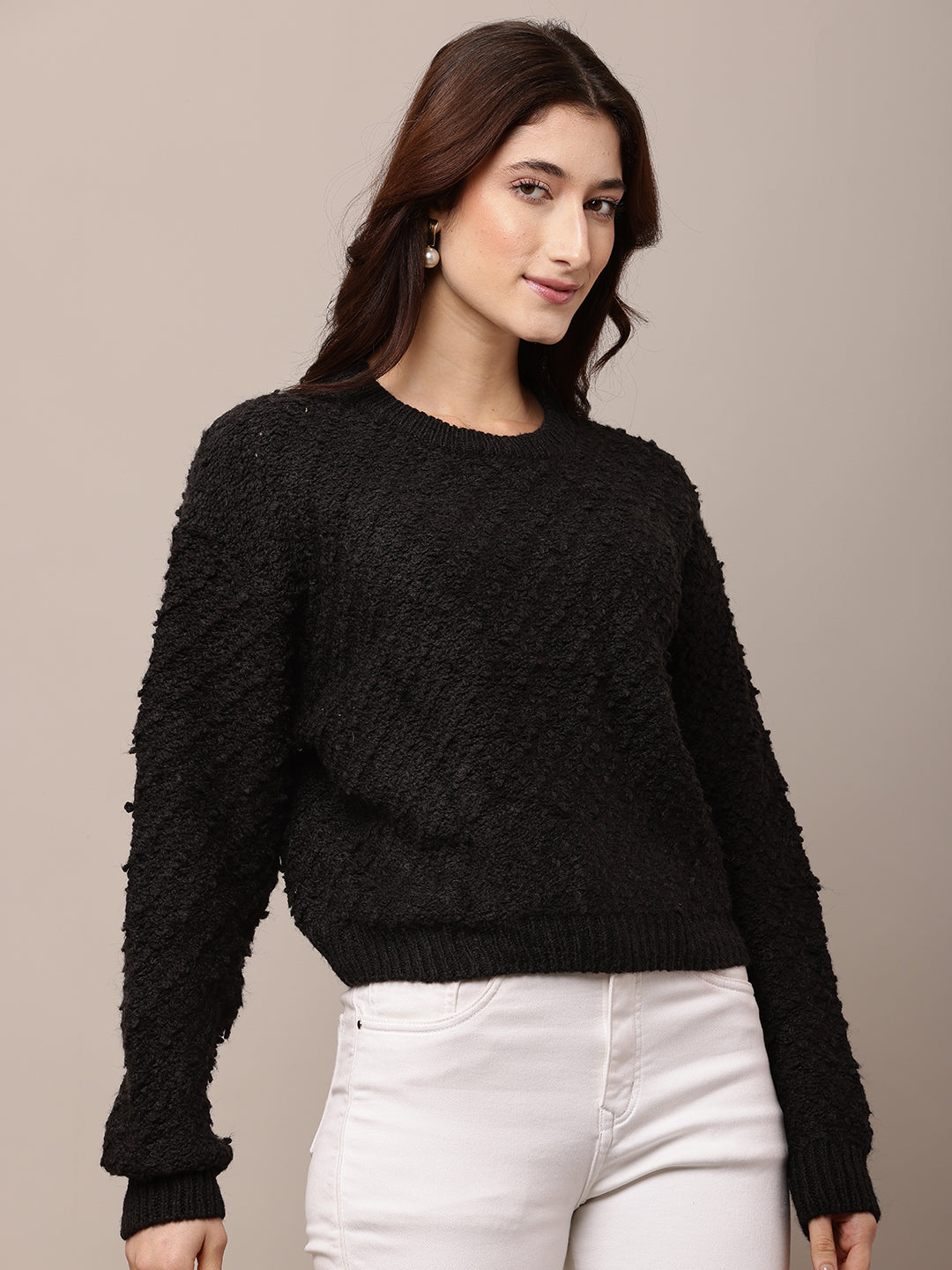 Women Black Round Neck Acrylic Sweater