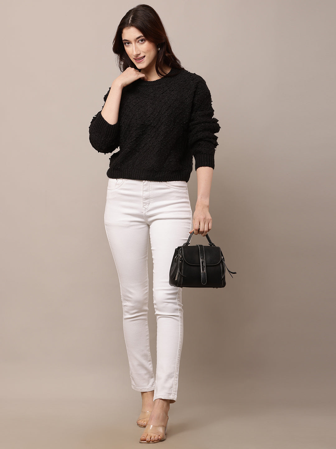 Women Black Round Neck Acrylic Sweater
