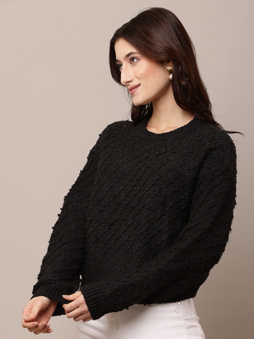 Women Black Round Neck Acrylic Sweater