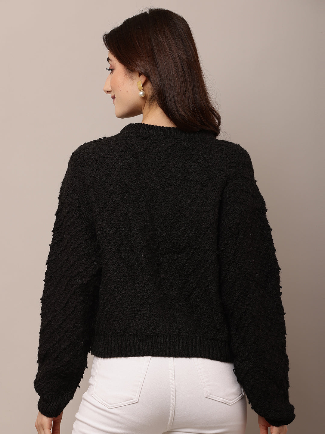 Women Black Round Neck Acrylic Sweater