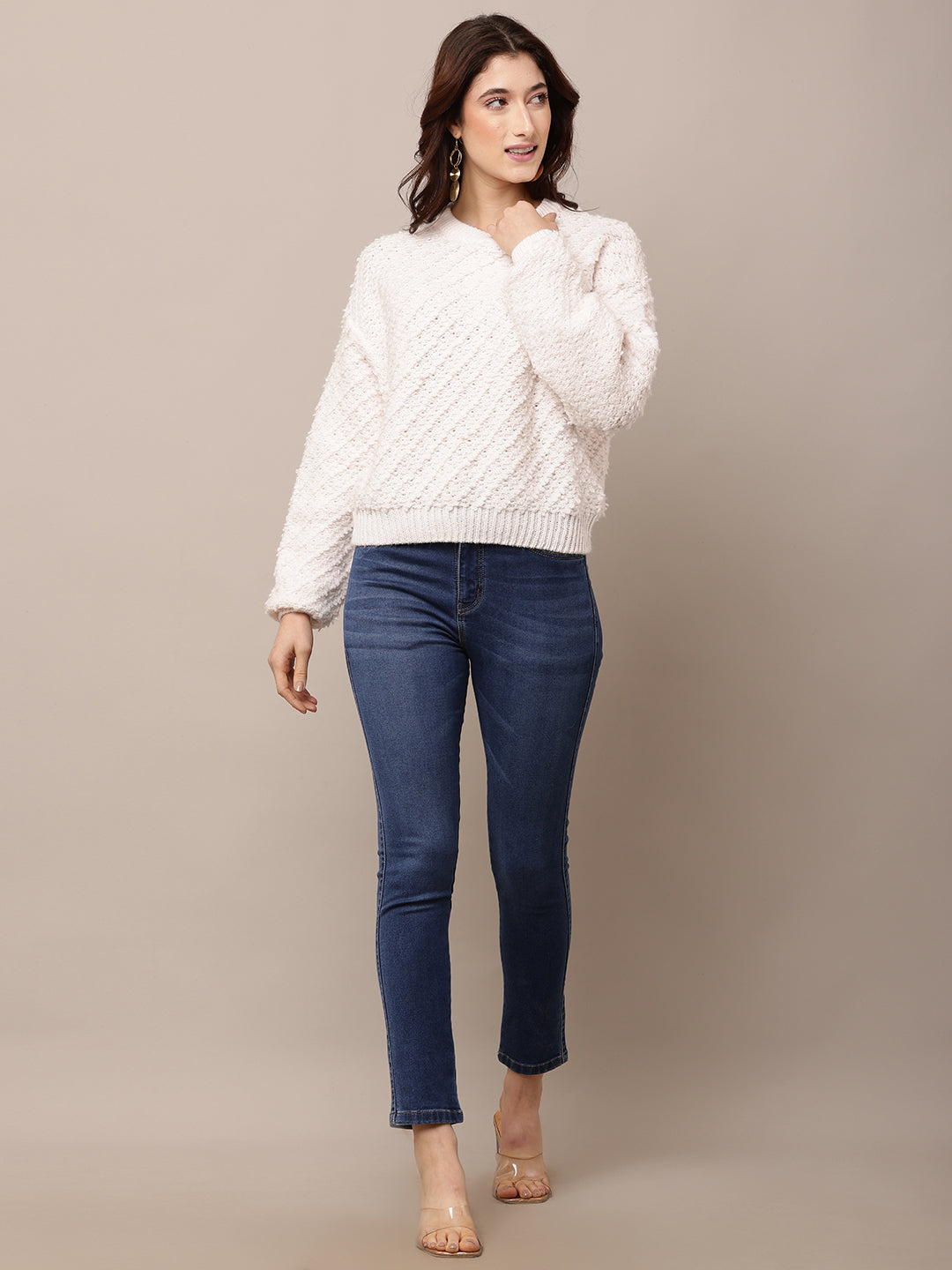 Women White Round Neck Acrylic Sweater