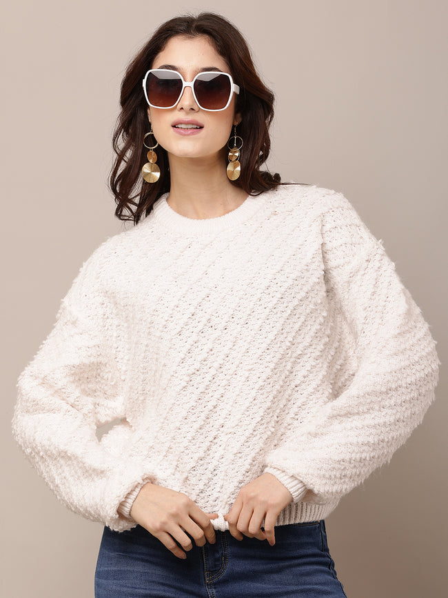 Women White Round Neck Acrylic Sweater