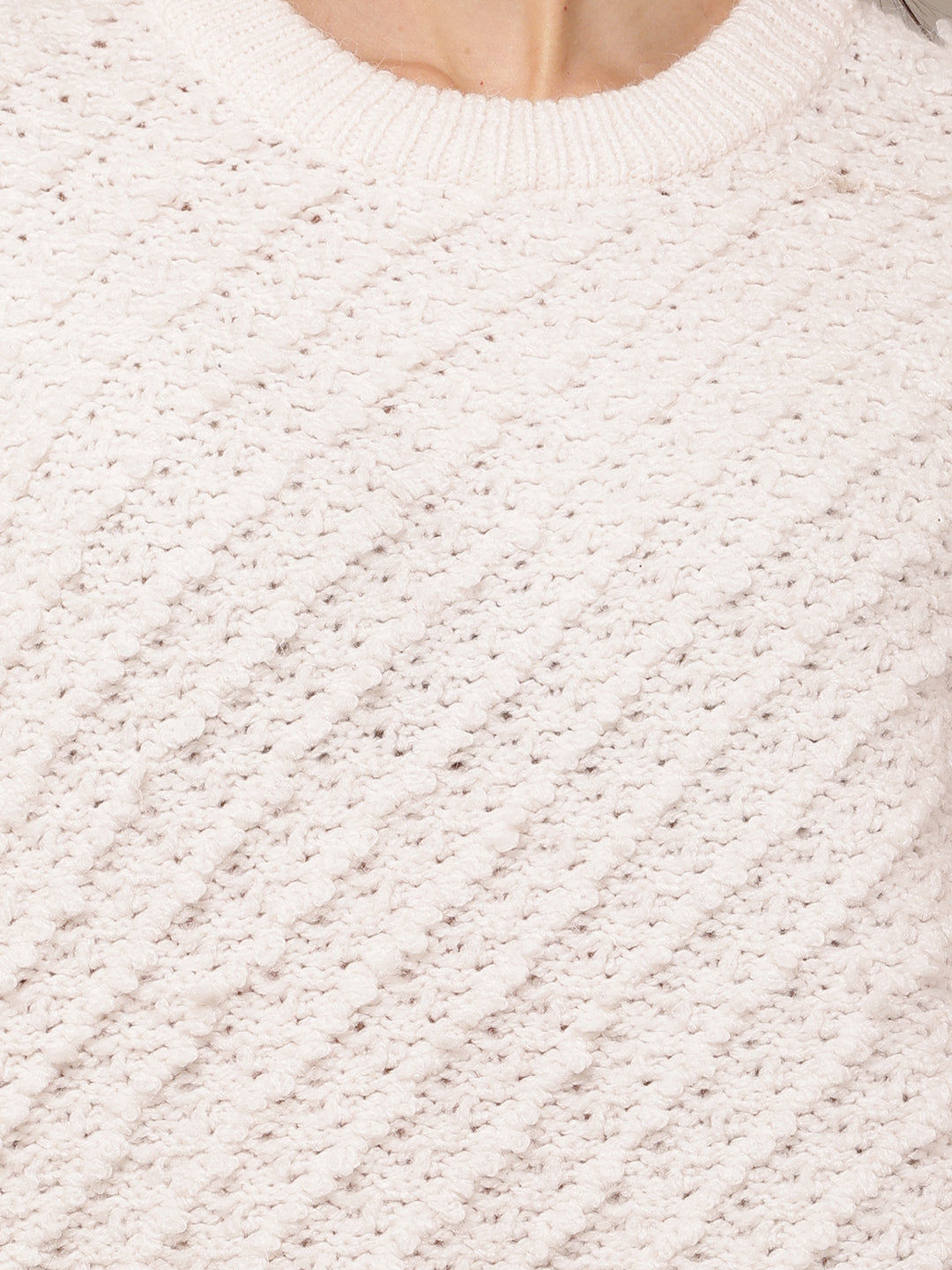Women White Round Neck Acrylic Sweater