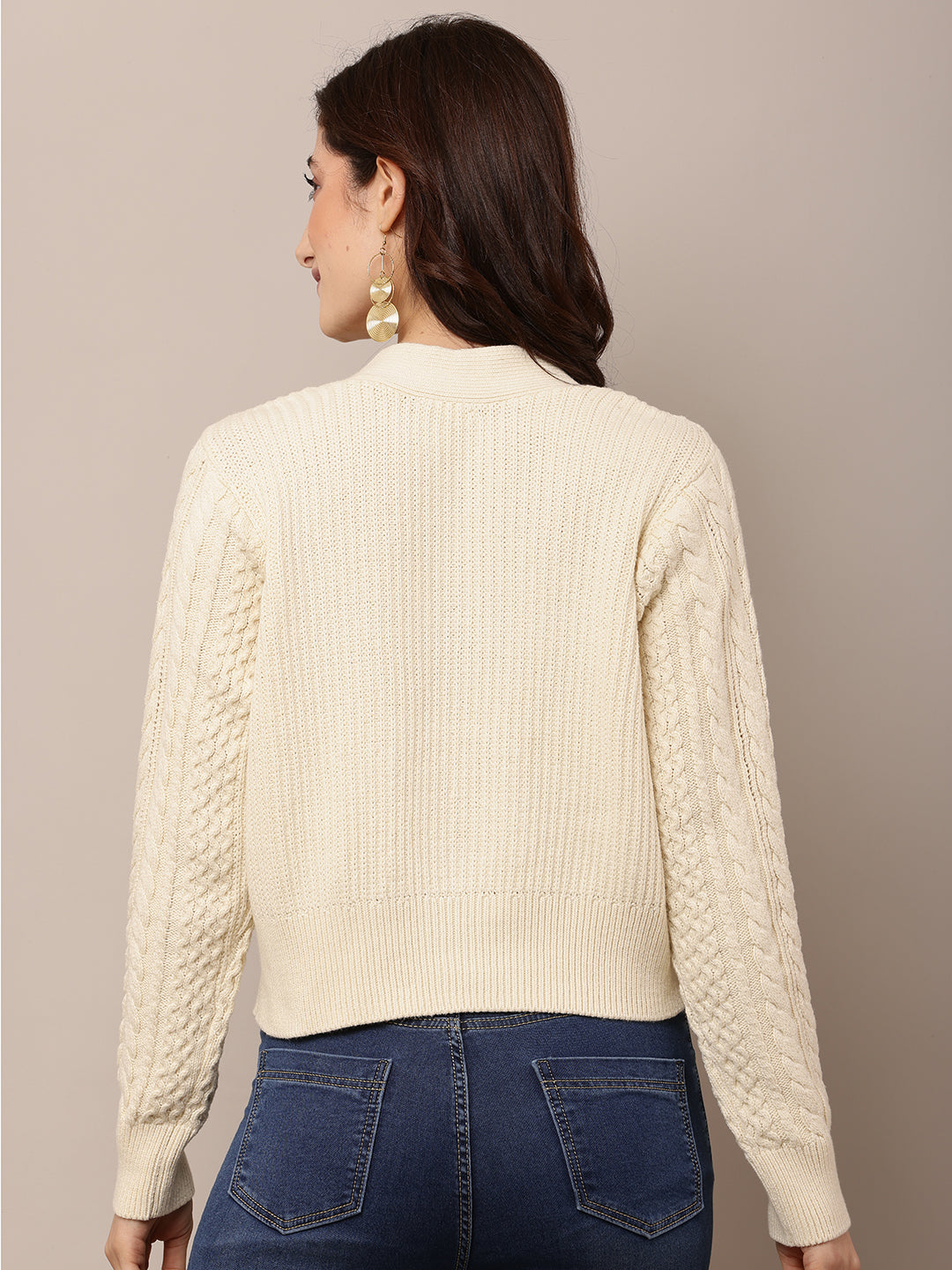 Women Cream V-Neck Cable Knit Cardigan