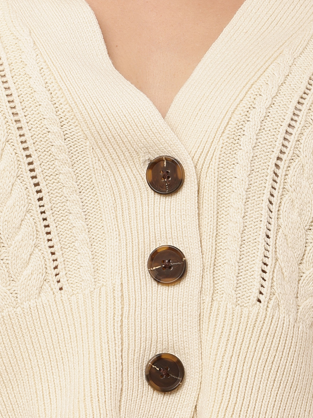 Women Cream V-Neck Cable Knit Cardigan